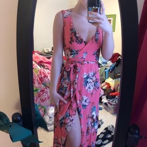 Coral floral wrap dress